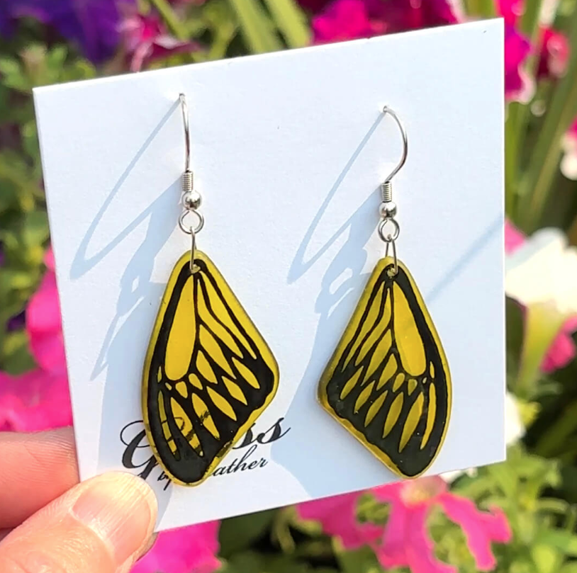 Yellow Glass Butterfly Wing Earrings - by Heather Dawson
