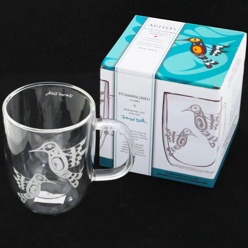 Indigenous Art  Double-Wall Glass Mug -  Hummingbird