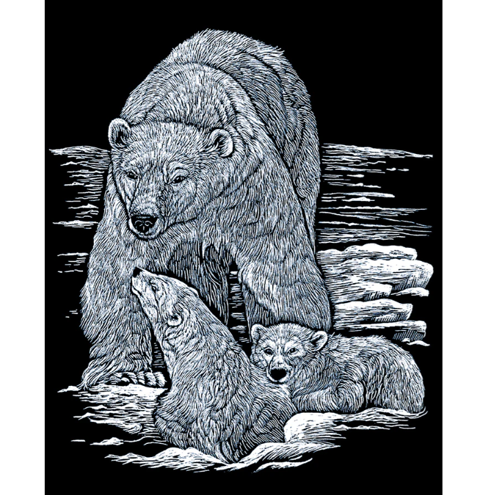 stylized polar bear and cubs on the ice with black background