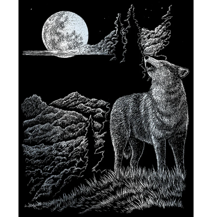 stylized image of wolf howling at the moon with a black background