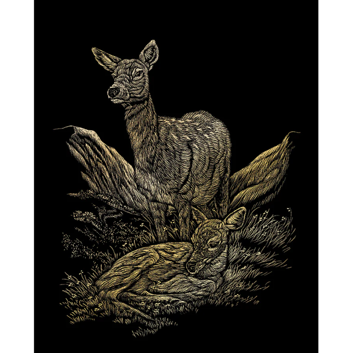 two stylized deer in nature on a black background