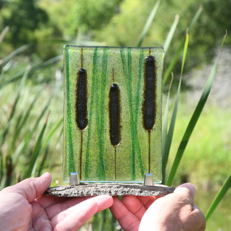 Fused Glass Suncatcher Standup - Three Cattails - by Heather Dawson