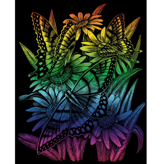 stylized image of butterflies on daisy flowers with black background