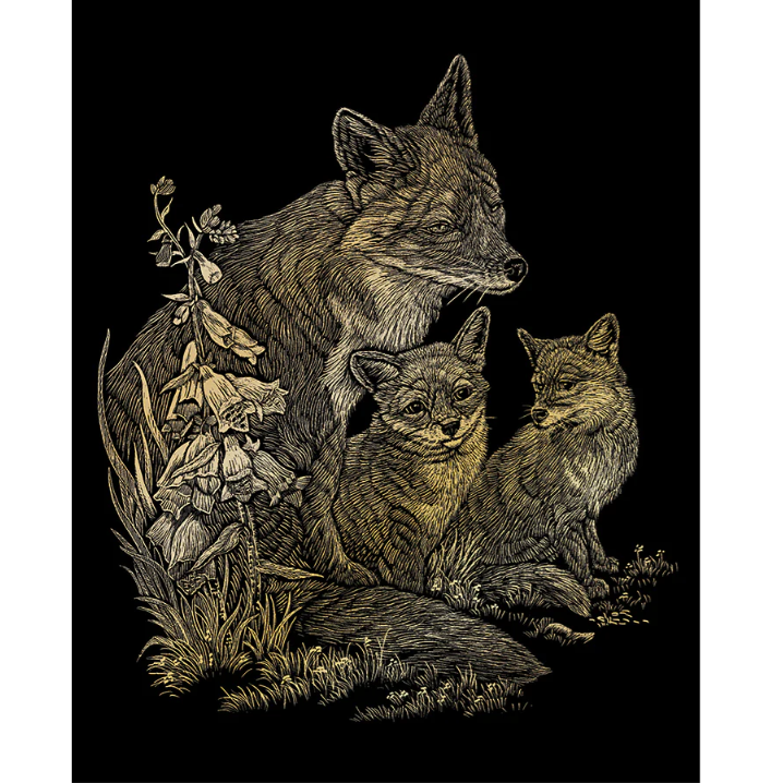 stylized photo of fox and two cubs in foliage with black background