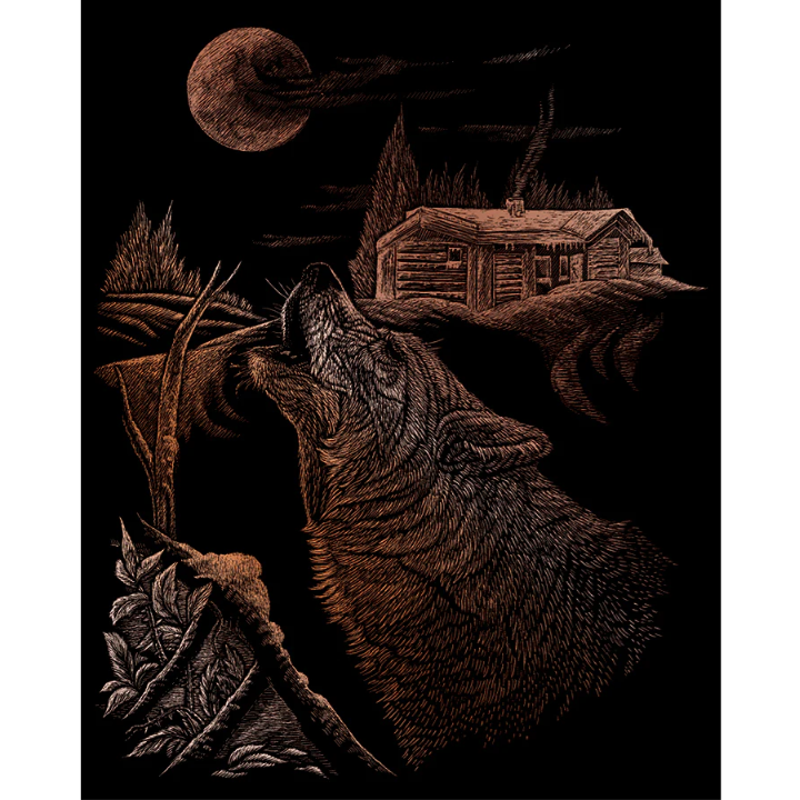 engraving craft image of stylized wolf head , moon and cabin scene on a black background