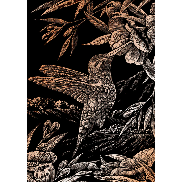 hummingbird with florals on a black background