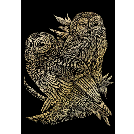 craft pictured with two stylized owls on a black background