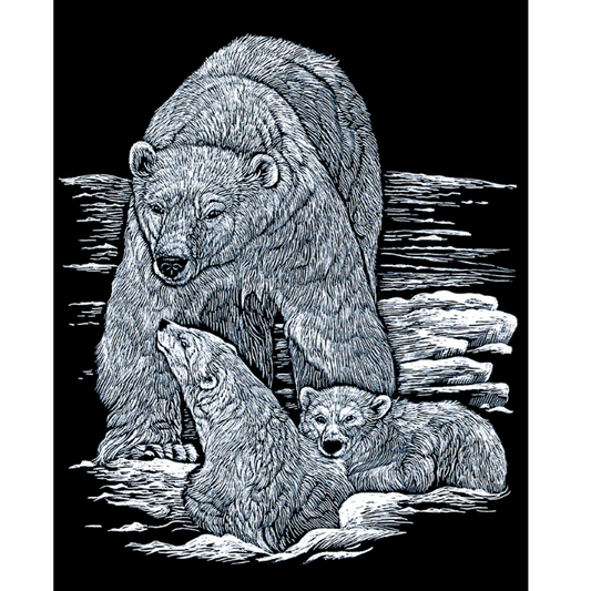 stylized polar bear and cubs on the ice with black background