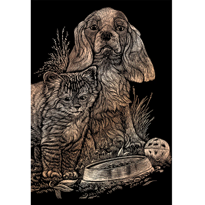 stylized art of puppy and kitten together with a black background
