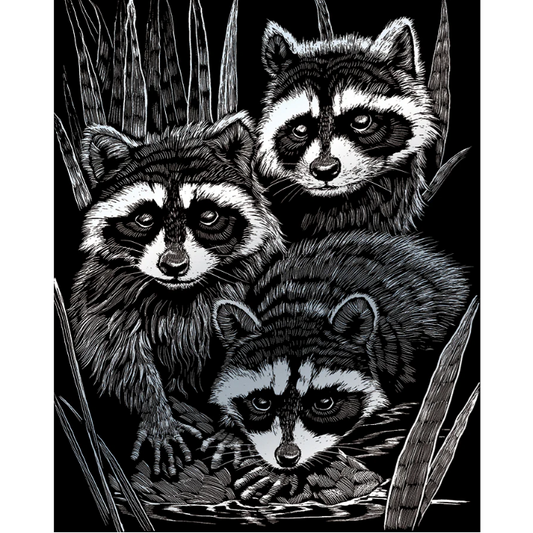 stylized photo of three raccoons with black background