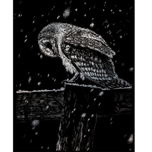 stylized photo of owl on a fence during snow storm with black background