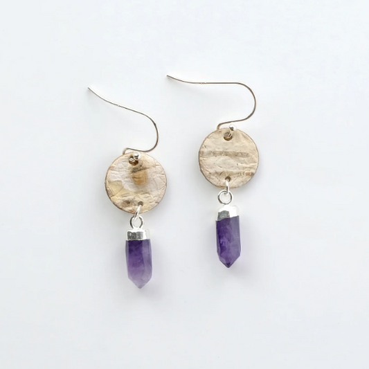 Steorra Birch Bark Earrings with Amethyst Points