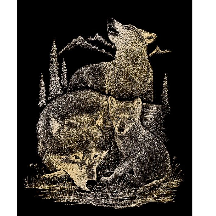 stylized photo of 3 wolves in nature with a black background