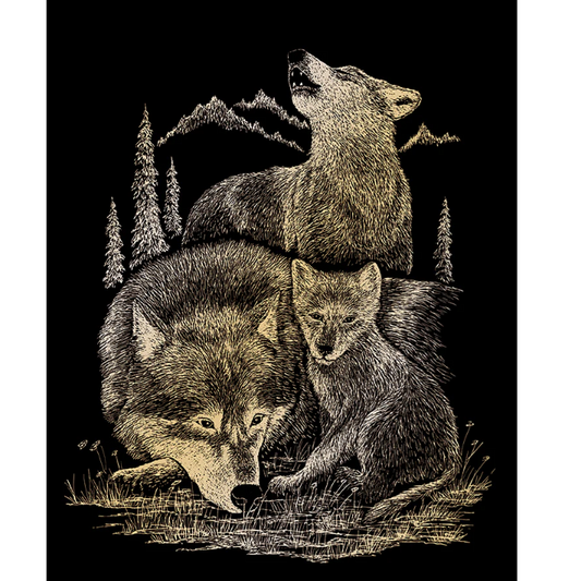 stylized photo of 3 wolves in nature with a black background