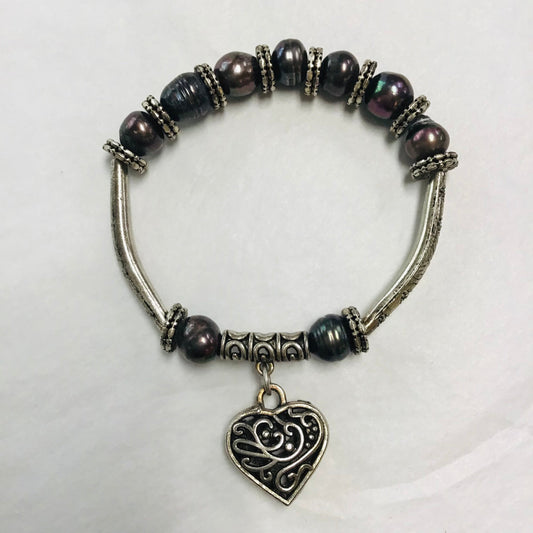 Dark Pearl Heart Charm Bracelet