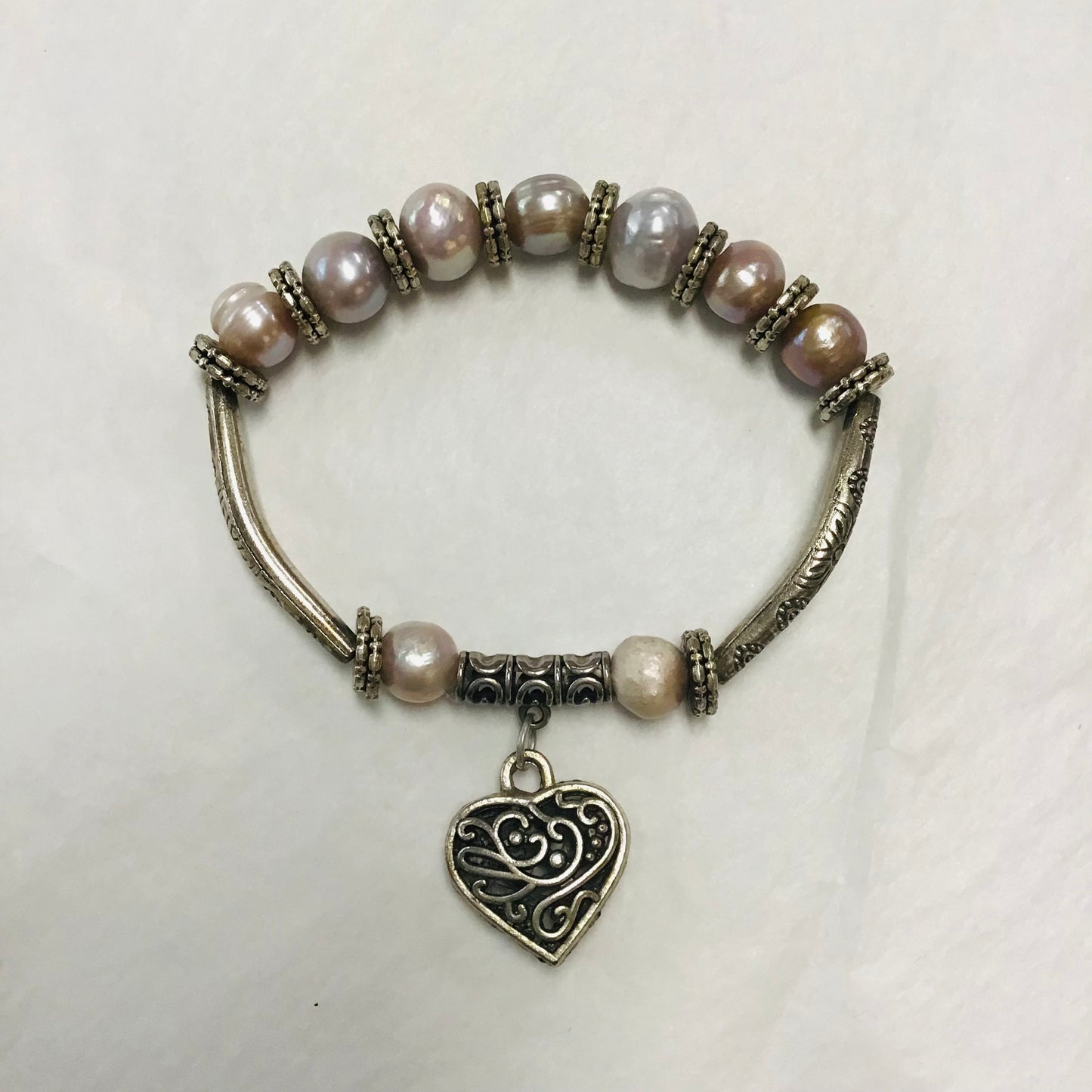 Light Pearl Heart Charm Bracelet