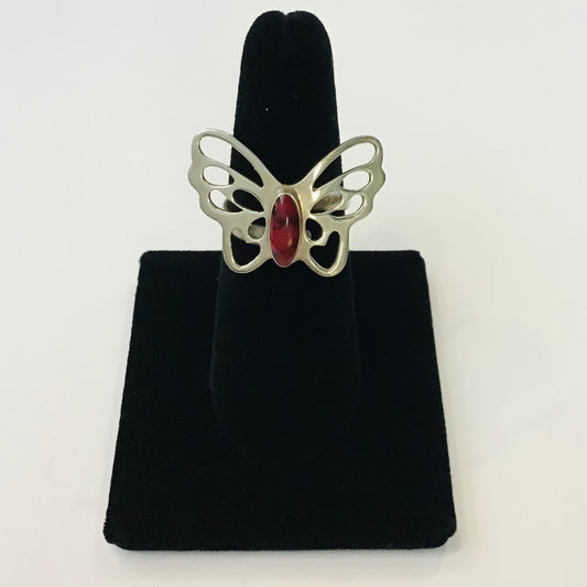 Red Coral Butterfly Silver Ring