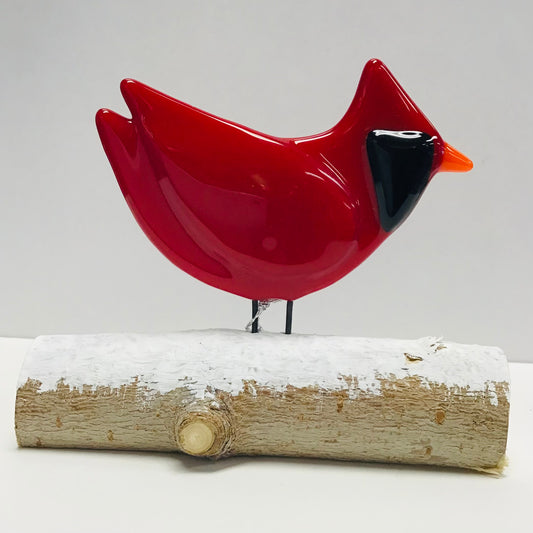 Fused Glass Birds on Wood Branches - Cardinal